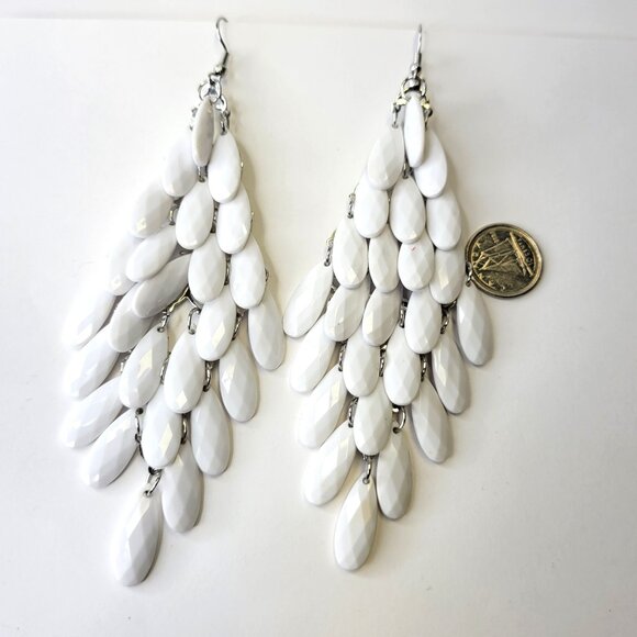 White Glass Bead Long Earrings Chandelier Teardrop Diamond Shape Drop Earrings - Picture 3 of 6